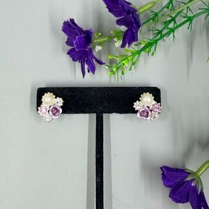 Avon Signed Pearl, Crystal and Purple Rose Stud Earrings